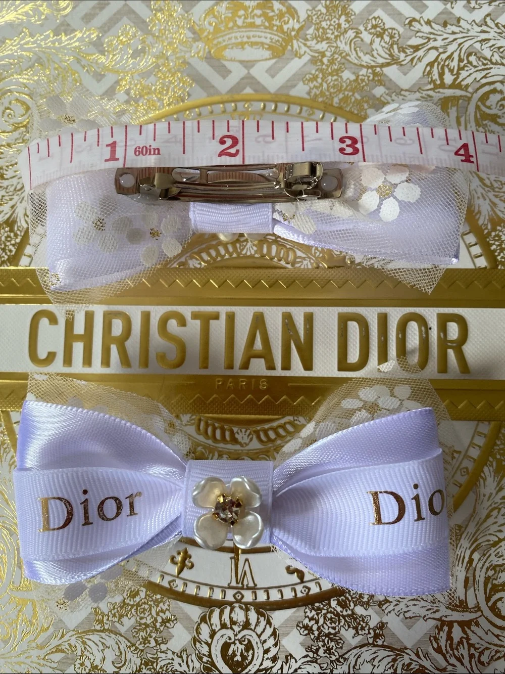 Handmade Dior Kids Lavender Logo Ribbon Bow Hair Clips with Pearl Flower